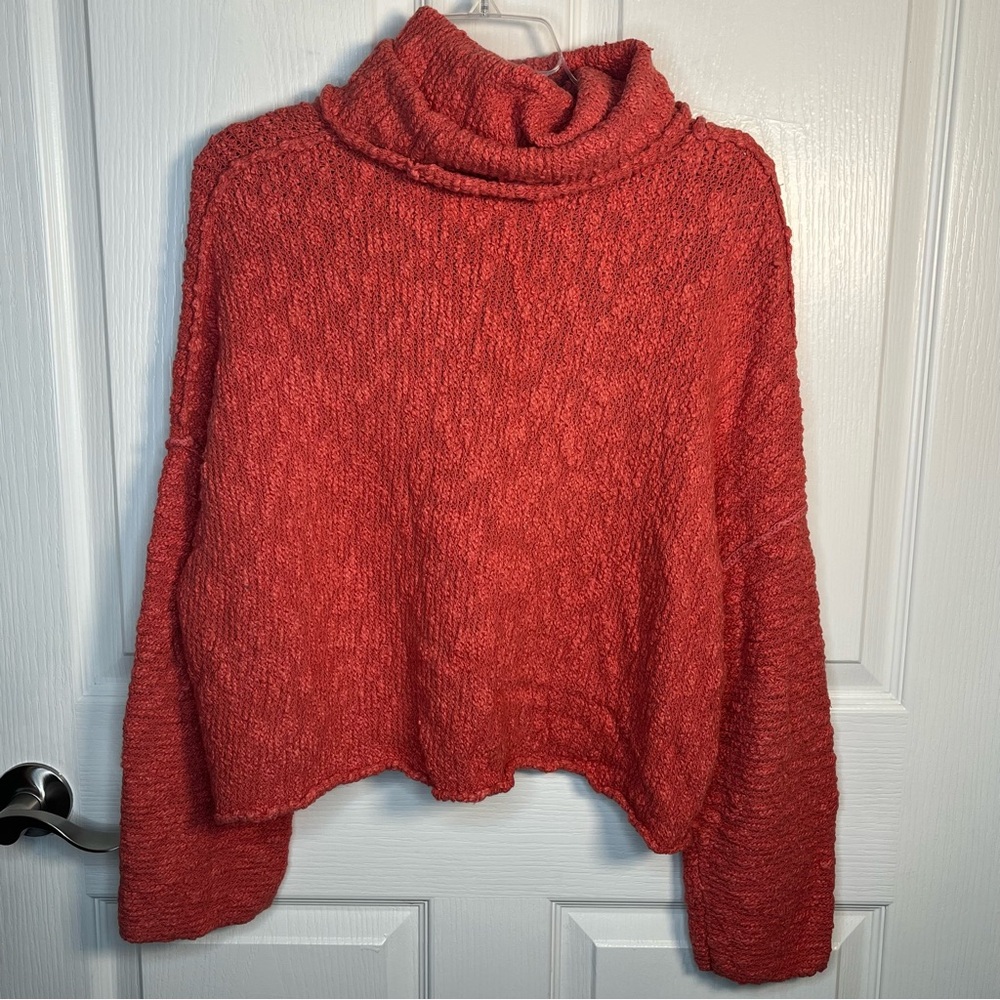 Free People Sz XS The Big Easy Cropped Cowl Neck Sweater In Coral Textured - Picture 8 of 16